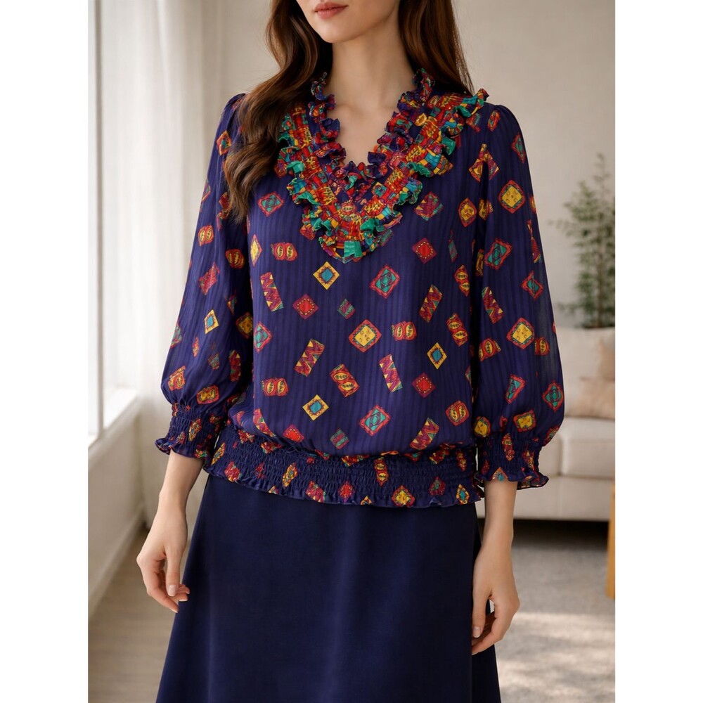 Vintage Blouse Womens  Medium Blue Geometric Ruffle Boho Top 80s Sheer Hong Kong